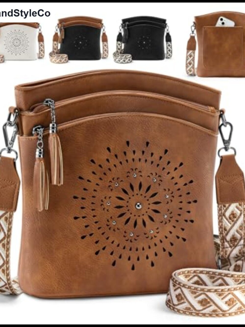 Boho Floral Crossbody Bag with Adjustable Strap - Women's Vegan Leather Purses